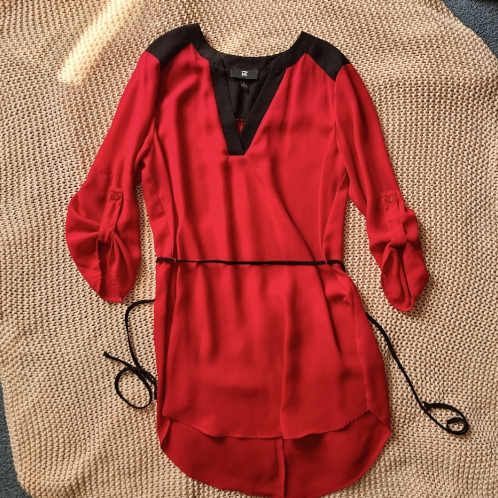 IZ Red 3/4 Length Button Sleeve Sheer Long Shirt